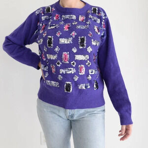 Vintage Franco Valeri Purple w Silver & Pink Embellishments CrewNeck  Sweater S